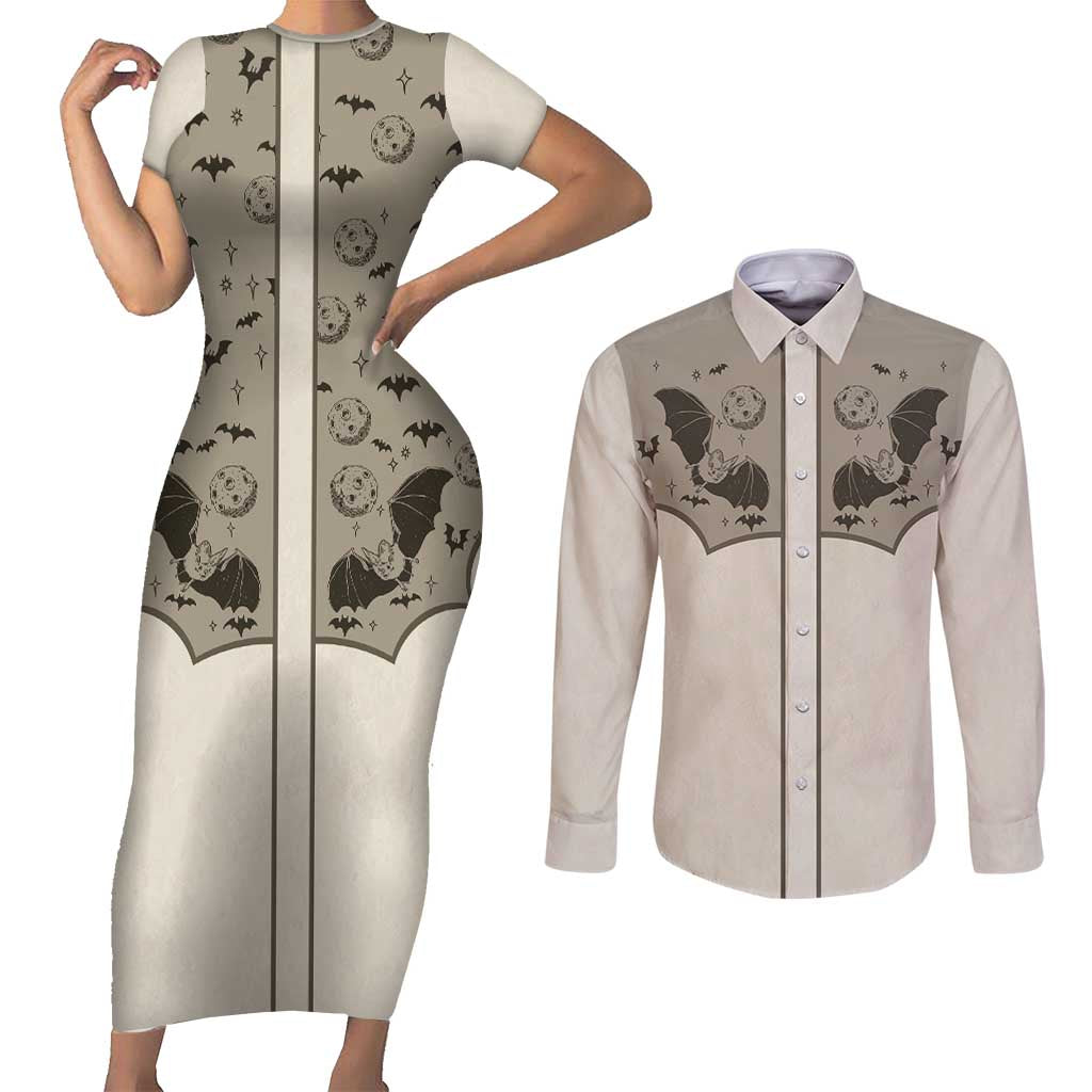Western Gothic Yoke Couples Matching Short Sleeve Bodycon Dress and Long Sleeve Button Shirt Bat And Stars - Wonder Print Shop