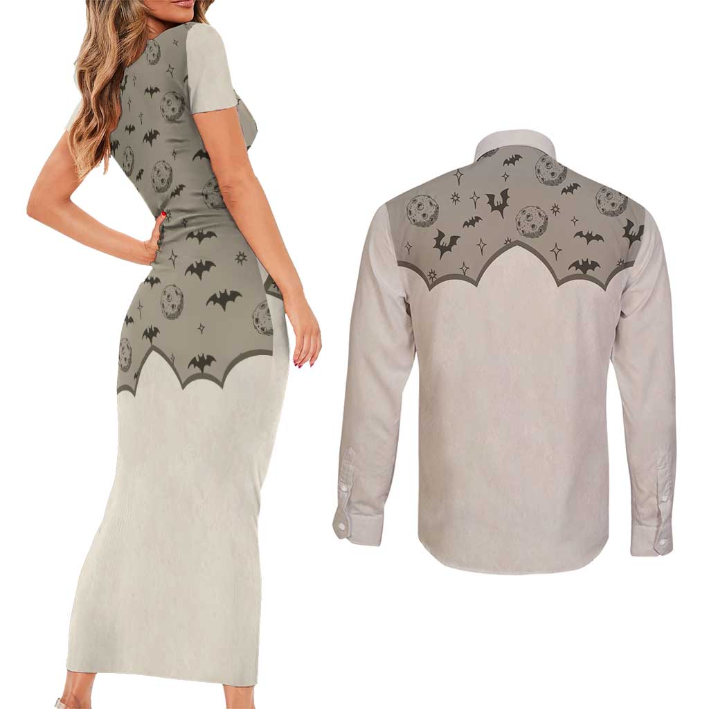 Western Gothic Yoke Couples Matching Short Sleeve Bodycon Dress and Long Sleeve Button Shirt Bat And Stars - Wonder Print Shop