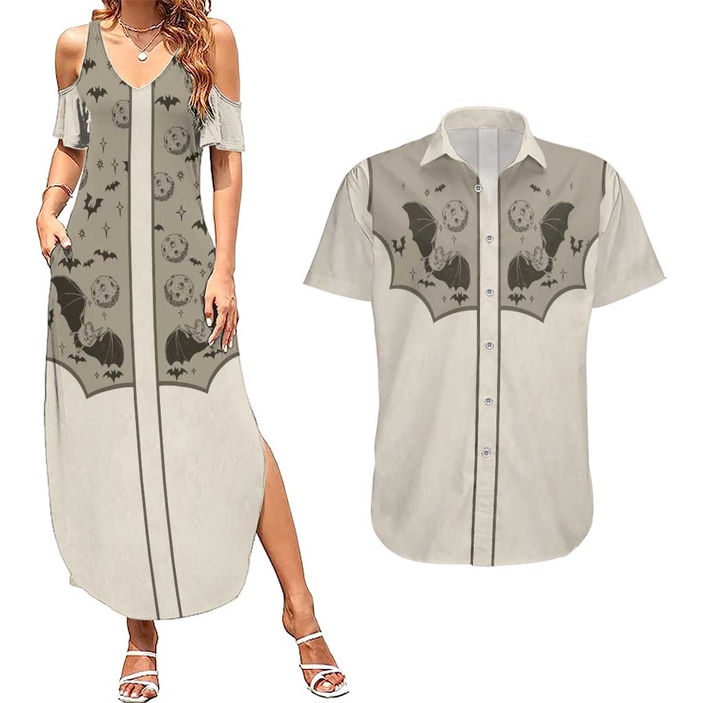 Western Gothic Yoke Couples Matching Summer Maxi Dress and Hawaiian Shirt Bat And Stars - Wonder Print Shop