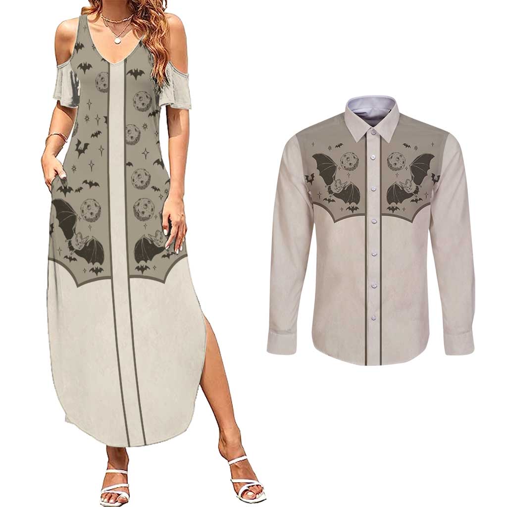 Western Gothic Yoke Couples Matching Summer Maxi Dress and Long Sleeve Button Shirt Bat And Stars - Wonder Print Shop