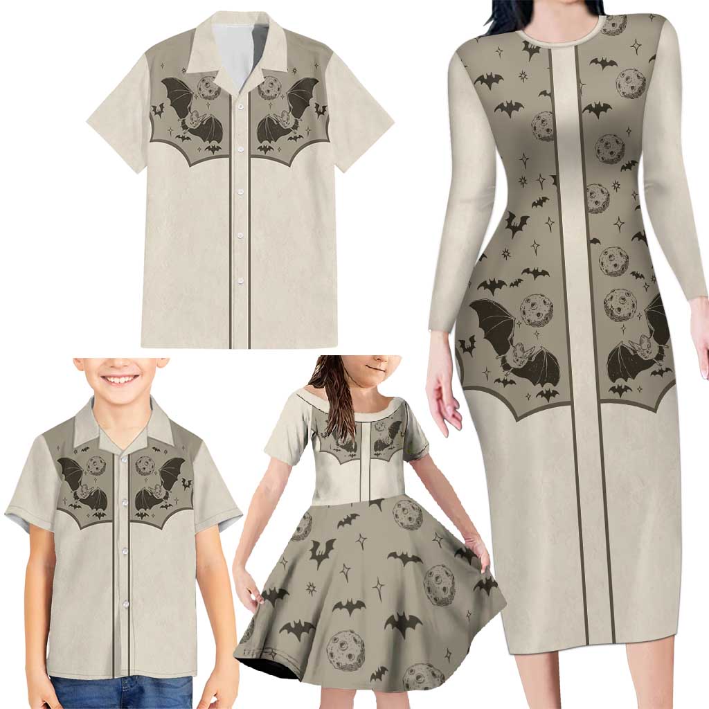 Western Gothic Yoke Family Matching Long Sleeve Bodycon Dress and Hawaiian Shirt Bat And Stars - Wonder Print Shop
