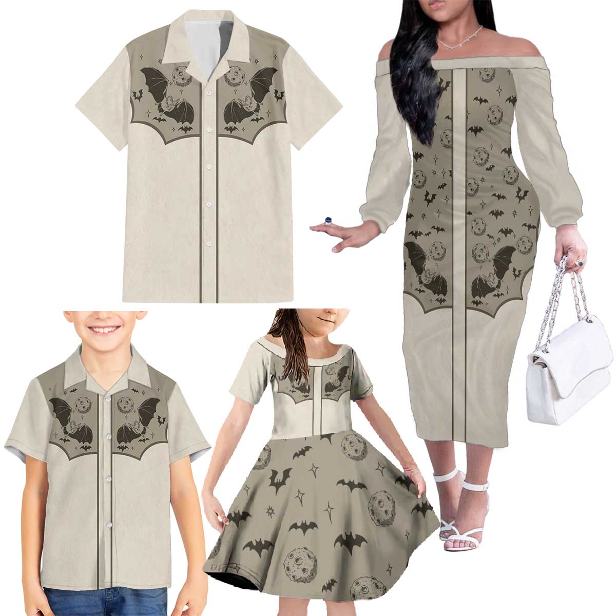 Western Gothic Yoke Family Matching Off The Shoulder Long Sleeve Dress and Hawaiian Shirt Bat And Stars - Wonder Print Shop