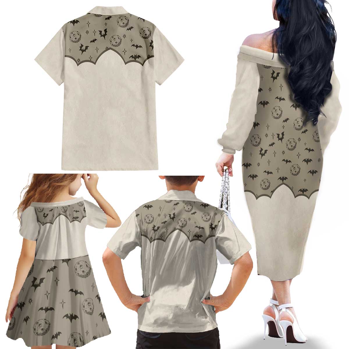 Western Gothic Yoke Family Matching Off The Shoulder Long Sleeve Dress and Hawaiian Shirt Bat And Stars - Wonder Print Shop