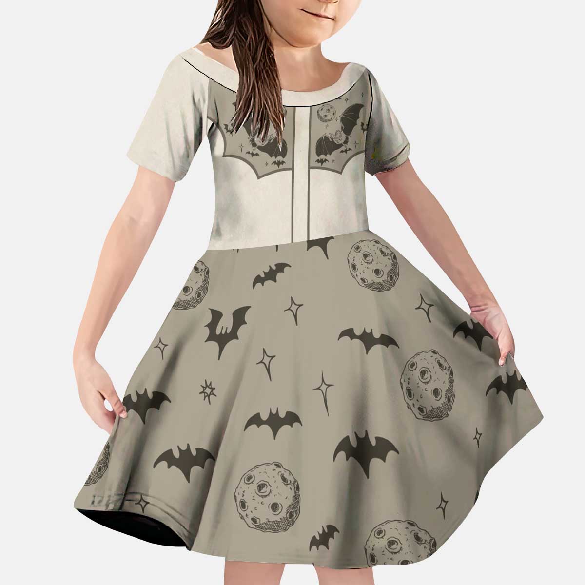 Western Gothic Yoke Kid Short Sleeve Dress Bat And Stars - Wonder Print Shop