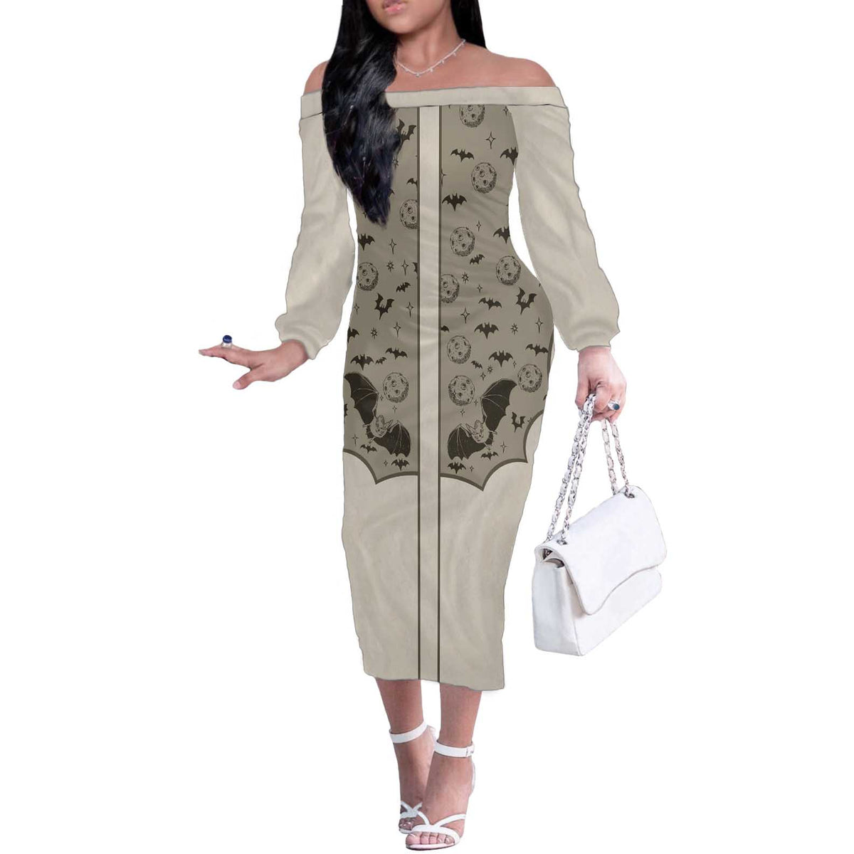 Western Gothic Yoke Off The Shoulder Long Sleeve Dress Bat And Stars - Wonder Print Shop