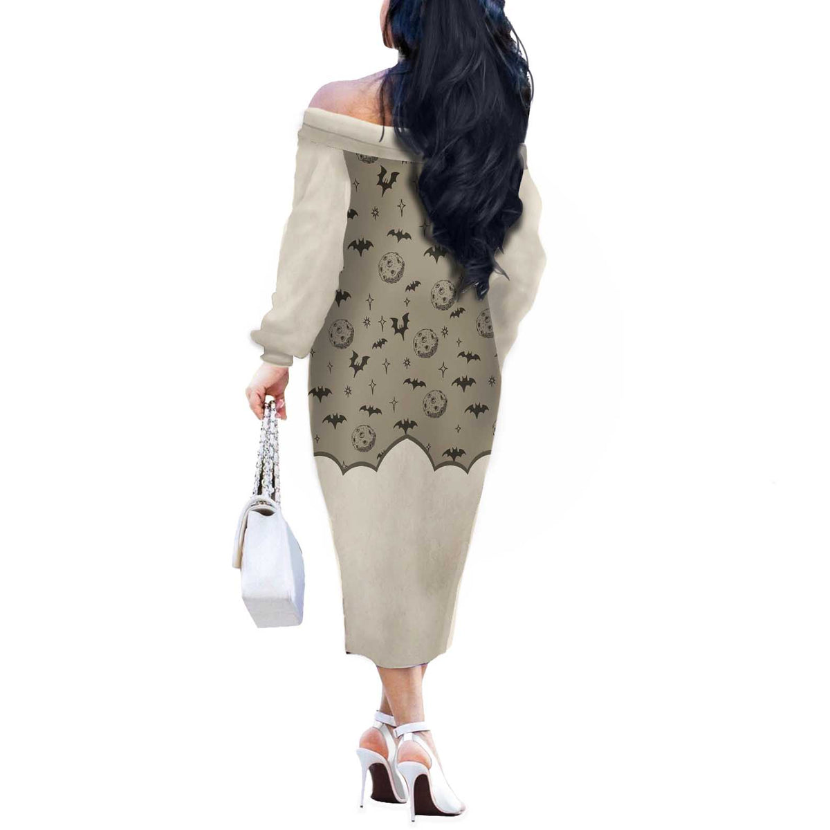 Western Gothic Yoke Off The Shoulder Long Sleeve Dress Bat And Stars - Wonder Print Shop