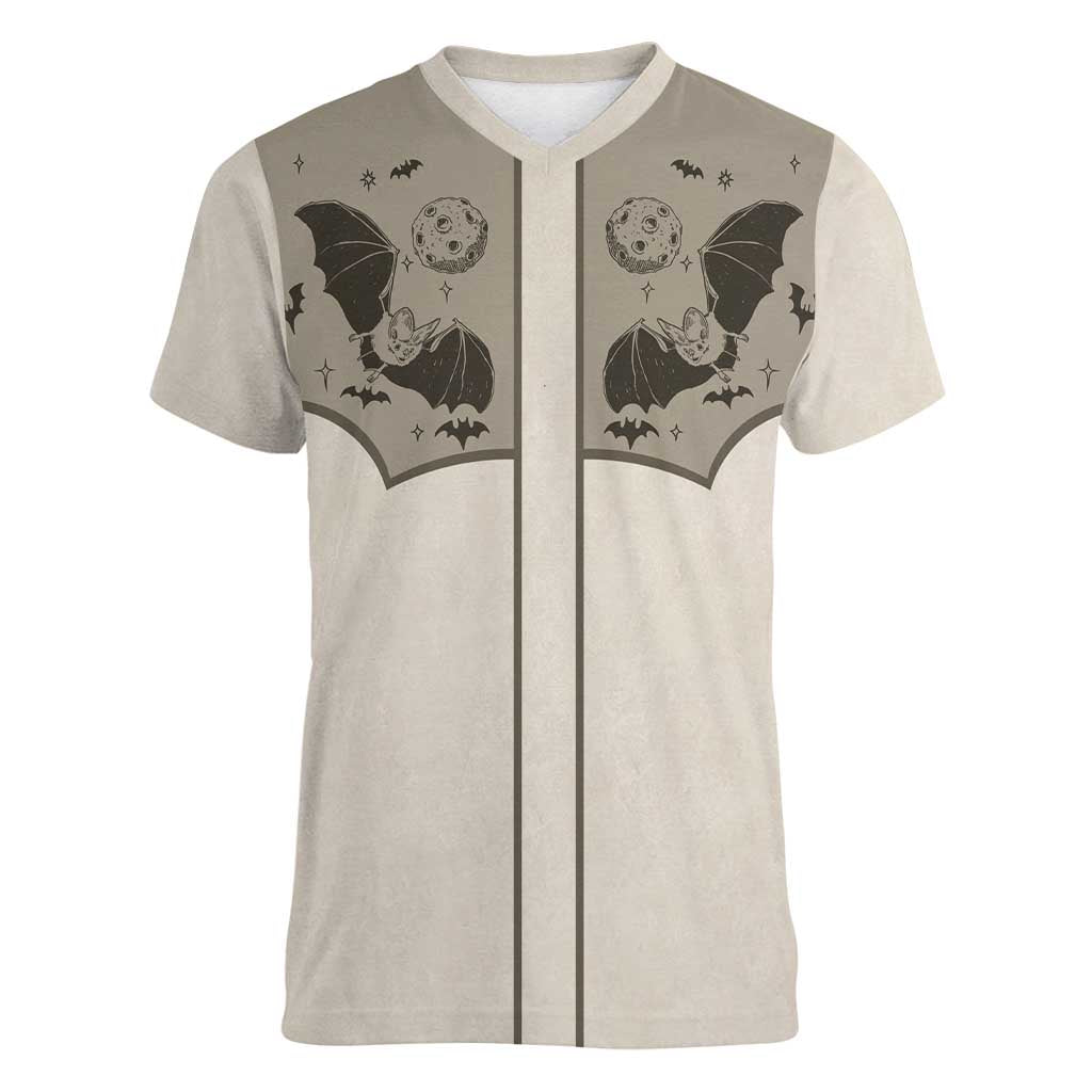 Western Gothic Yoke Women V-Neck T-Shirt Bat And Stars - Wonder Print Shop