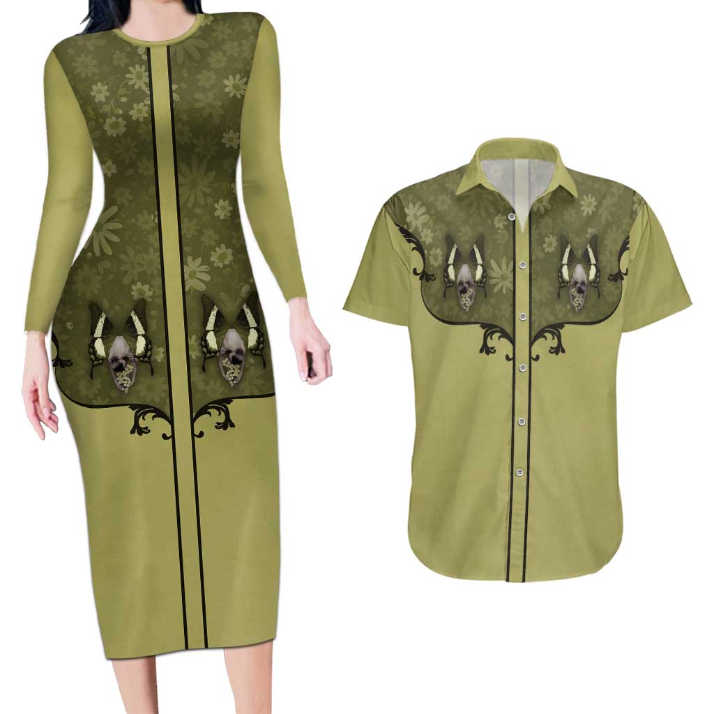 Western Gothic Yoke Couples Matching Long Sleeve Bodycon Dress and Hawaiian Shirt Retro Butterfly With Daisy Garden - Wonder Print Shop