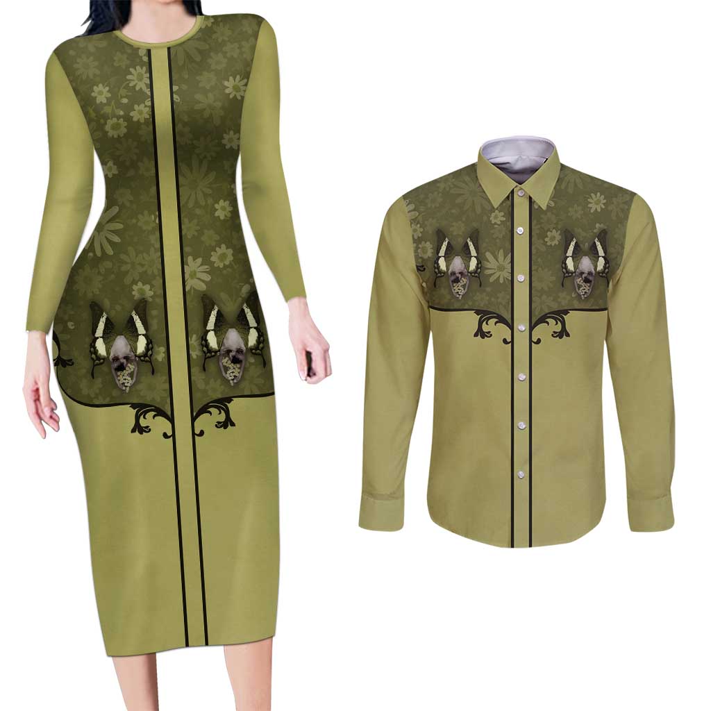 Western Gothic Yoke Couples Matching Long Sleeve Bodycon Dress and Long Sleeve Button Shirt Retro Butterfly With Daisy Garden - Wonder Print Shop