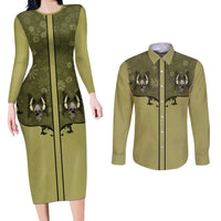 Western Gothic Yoke Couples Matching Long Sleeve Bodycon Dress and Long Sleeve Button Shirt Retro Butterfly With Daisy Garden - Wonder Print Shop