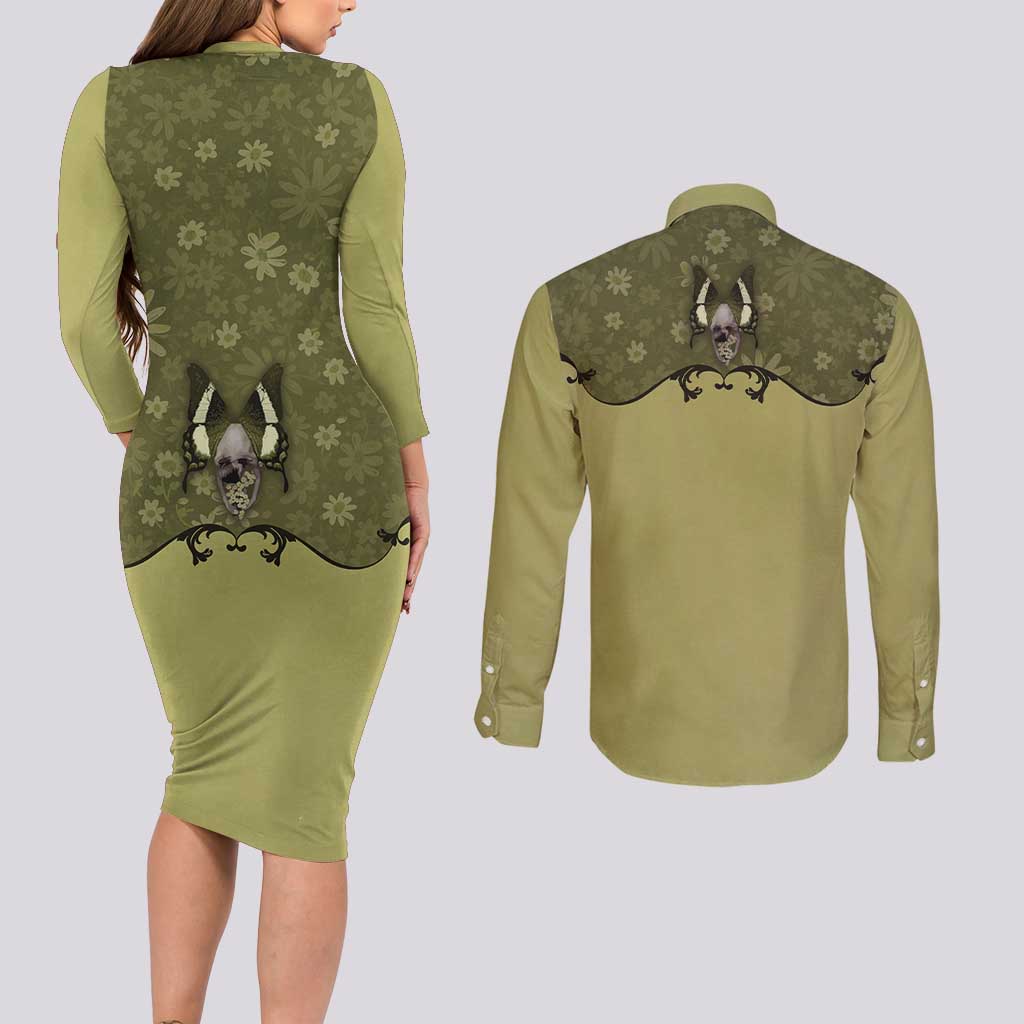 Western Gothic Yoke Couples Matching Long Sleeve Bodycon Dress and Long Sleeve Button Shirt Retro Butterfly With Daisy Garden - Wonder Print Shop