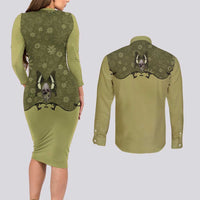 Western Gothic Yoke Couples Matching Long Sleeve Bodycon Dress and Long Sleeve Button Shirt Retro Butterfly With Daisy Garden - Wonder Print Shop