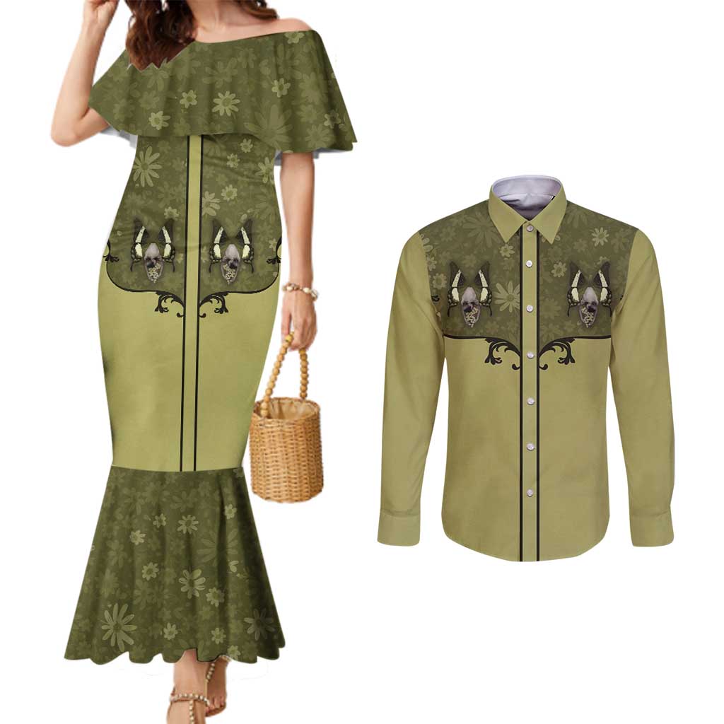 Western Gothic Yoke Couples Matching Mermaid Dress and Long Sleeve Button Shirt Retro Butterfly With Daisy Garden - Wonder Print Shop