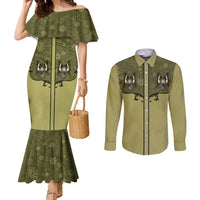 Western Gothic Yoke Couples Matching Mermaid Dress and Long Sleeve Button Shirt Retro Butterfly With Daisy Garden - Wonder Print Shop