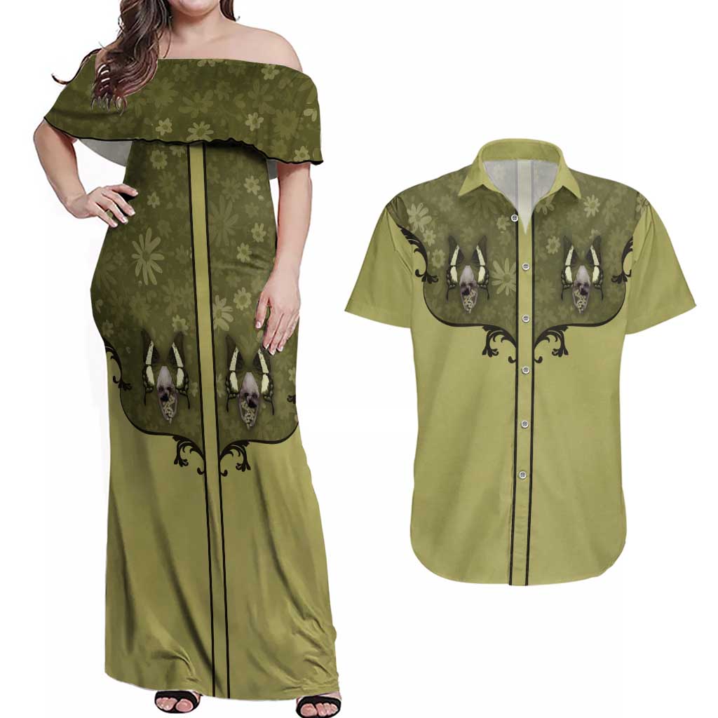 Western Gothic Yoke Couples Matching Off Shoulder Maxi Dress and Hawaiian Shirt Retro Butterfly With Daisy Garden - Wonder Print Shop