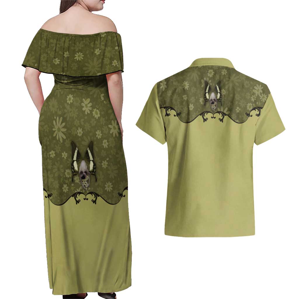 Western Gothic Yoke Couples Matching Off Shoulder Maxi Dress and Hawaiian Shirt Retro Butterfly With Daisy Garden - Wonder Print Shop