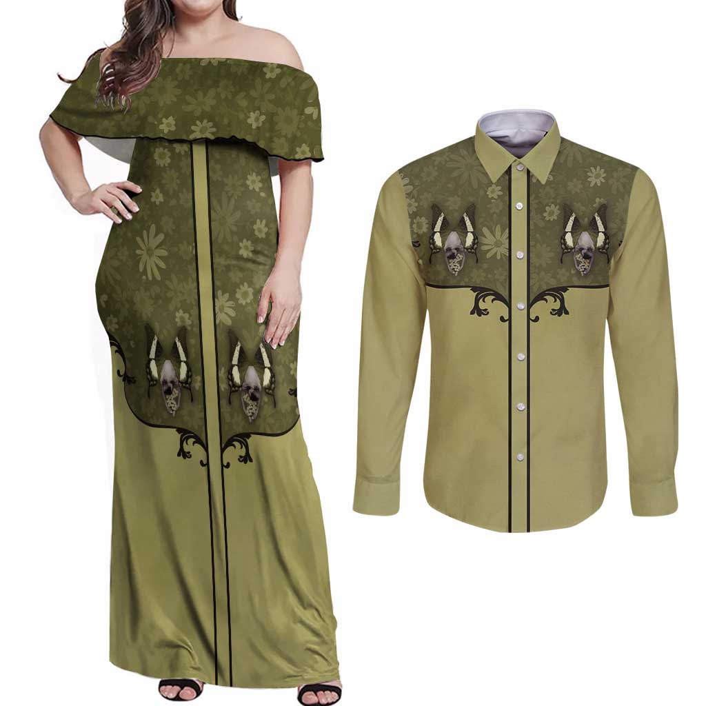 Western Gothic Yoke Couples Matching Off Shoulder Maxi Dress and Long Sleeve Button Shirt Retro Butterfly With Daisy Garden - Wonder Print Shop