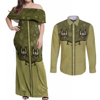 Western Gothic Yoke Couples Matching Off Shoulder Maxi Dress and Long Sleeve Button Shirt Retro Butterfly With Daisy Garden - Wonder Print Shop