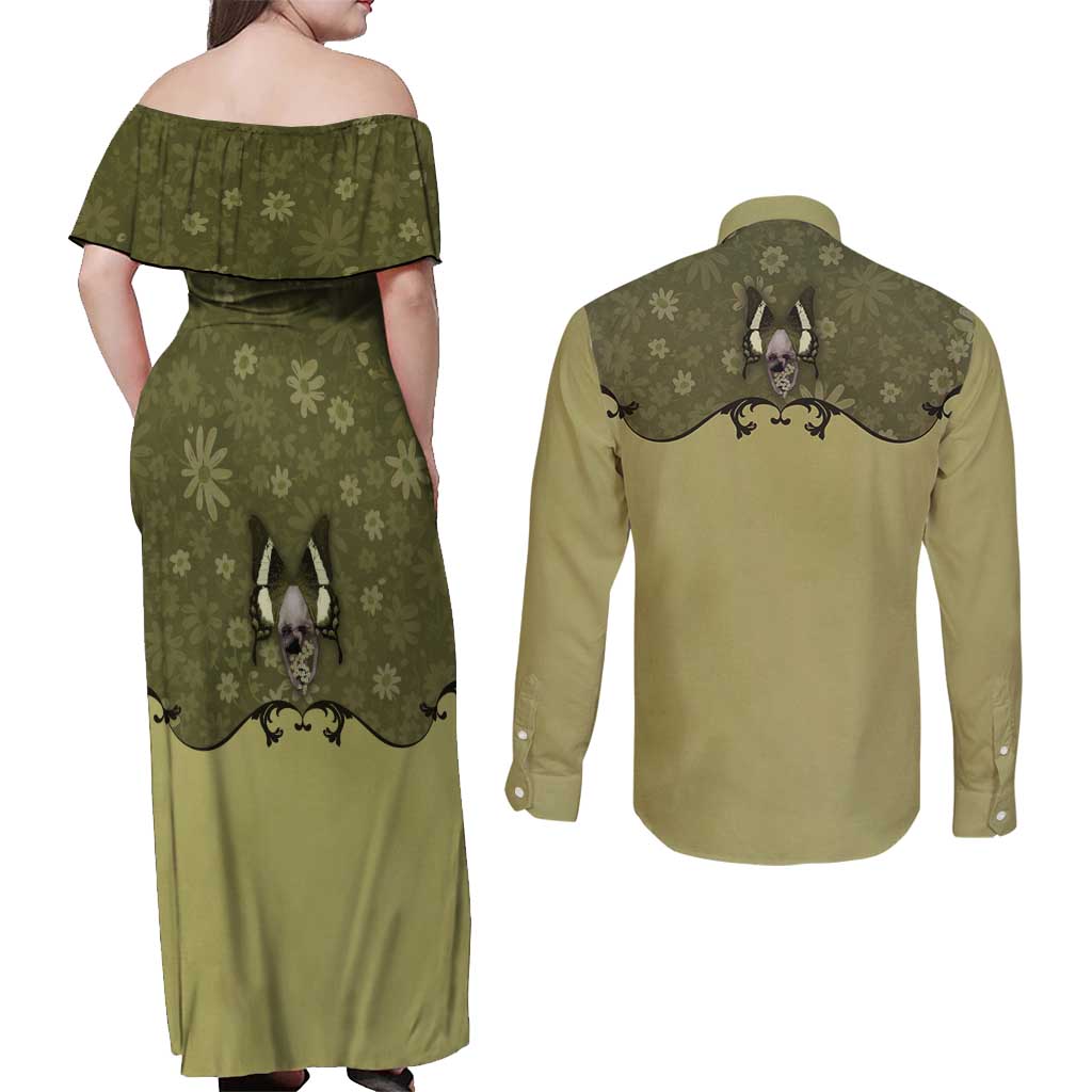 Western Gothic Yoke Couples Matching Off Shoulder Maxi Dress and Long Sleeve Button Shirt Retro Butterfly With Daisy Garden - Wonder Print Shop