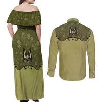 Western Gothic Yoke Couples Matching Off Shoulder Maxi Dress and Long Sleeve Button Shirt Retro Butterfly With Daisy Garden - Wonder Print Shop