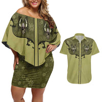 Western Gothic Yoke Couples Matching Off Shoulder Short Dress and Hawaiian Shirt Retro Butterfly With Daisy Garden - Wonder Print Shop