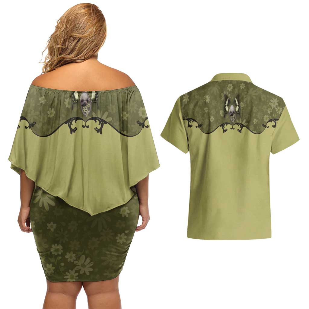 Western Gothic Yoke Couples Matching Off Shoulder Short Dress and Hawaiian Shirt Retro Butterfly With Daisy Garden - Wonder Print Shop