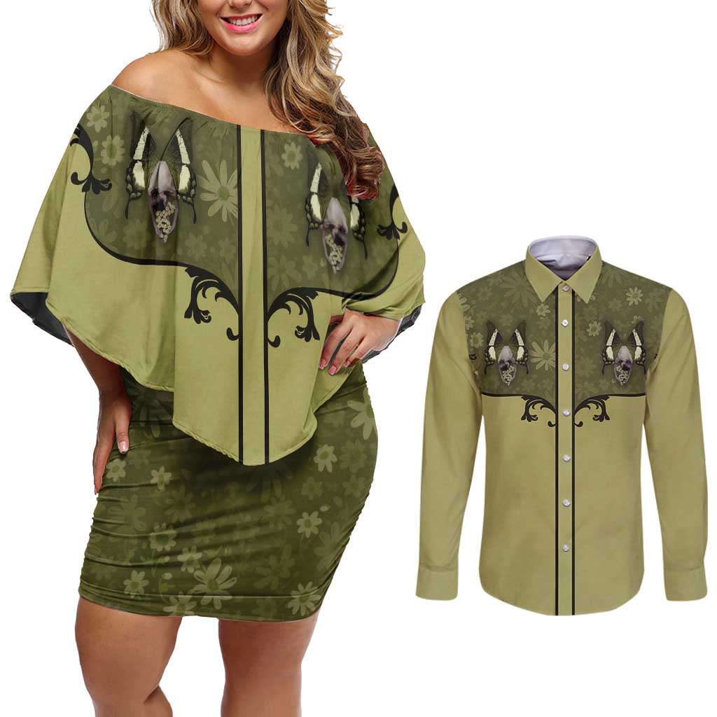 Western Gothic Yoke Couples Matching Off Shoulder Short Dress and Long Sleeve Button Shirt Retro Butterfly With Daisy Garden - Wonder Print Shop