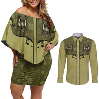 Western Gothic Yoke Couples Matching Off Shoulder Short Dress and Long Sleeve Button Shirt Retro Butterfly With Daisy Garden - Wonder Print Shop