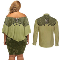 Western Gothic Yoke Couples Matching Off Shoulder Short Dress and Long Sleeve Button Shirt Retro Butterfly With Daisy Garden - Wonder Print Shop