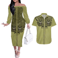 Western Gothic Yoke Couples Matching Off The Shoulder Long Sleeve Dress and Hawaiian Shirt Retro Butterfly With Daisy Garden - Wonder Print Shop