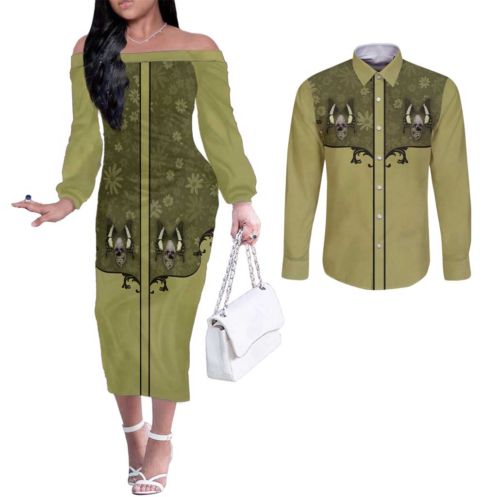 Western Gothic Yoke Couples Matching Off The Shoulder Long Sleeve Dress and Long Sleeve Button Shirt Retro Butterfly With Daisy Garden - Wonder Print Shop