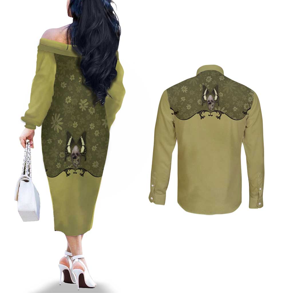 Western Gothic Yoke Couples Matching Off The Shoulder Long Sleeve Dress and Long Sleeve Button Shirt Retro Butterfly With Daisy Garden - Wonder Print Shop