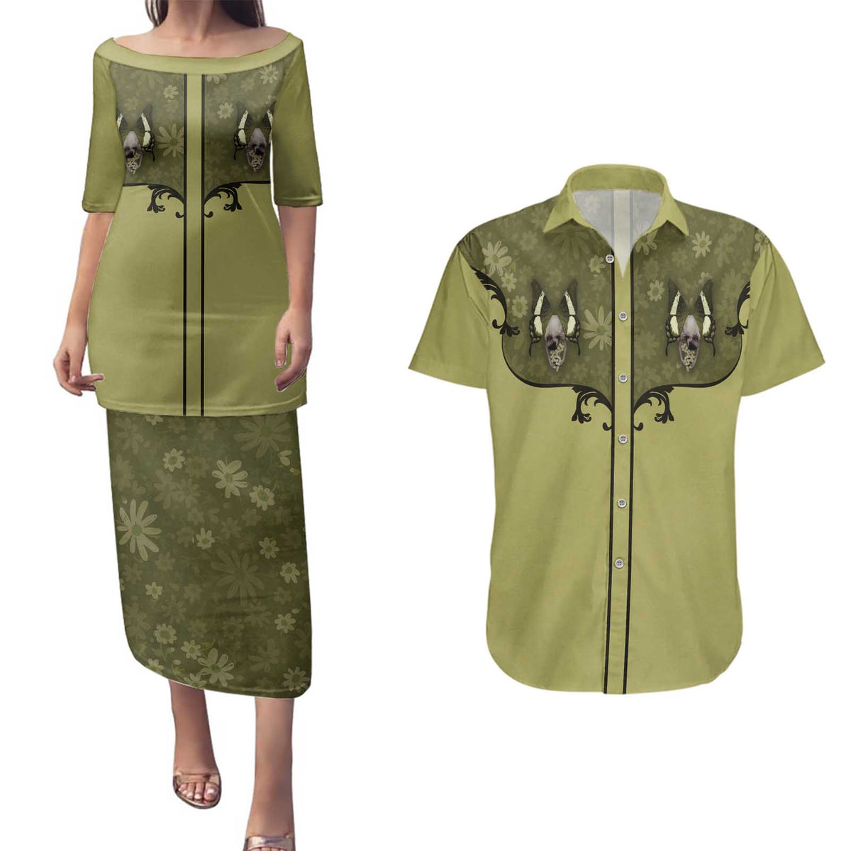 Western Gothic Yoke Couples Matching Puletasi and Hawaiian Shirt Retro Butterfly With Daisy Garden - Wonder Print Shop
