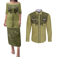 Western Gothic Yoke Couples Matching Puletasi and Long Sleeve Button Shirt Retro Butterfly With Daisy Garden - Wonder Print Shop