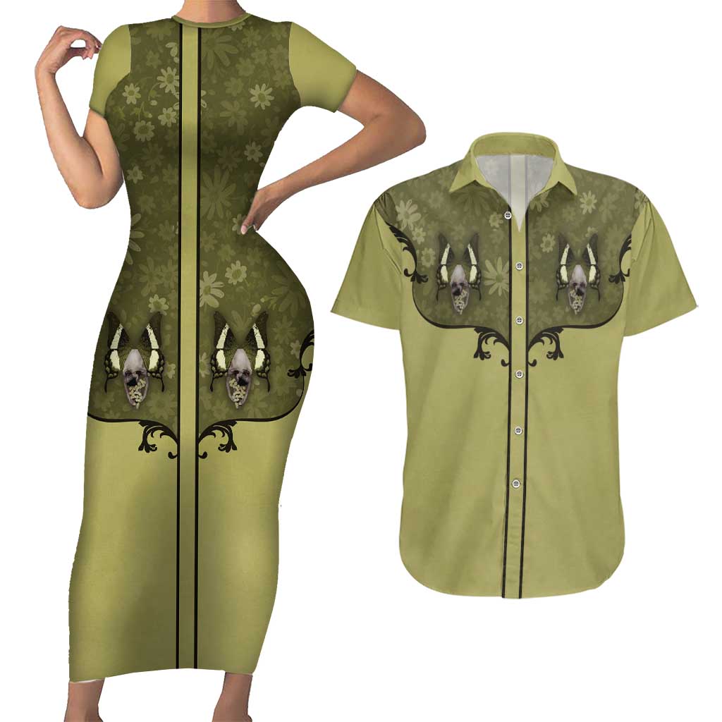 Western Gothic Yoke Couples Matching Short Sleeve Bodycon Dress and Hawaiian Shirt Retro Butterfly With Daisy Garden - Wonder Print Shop