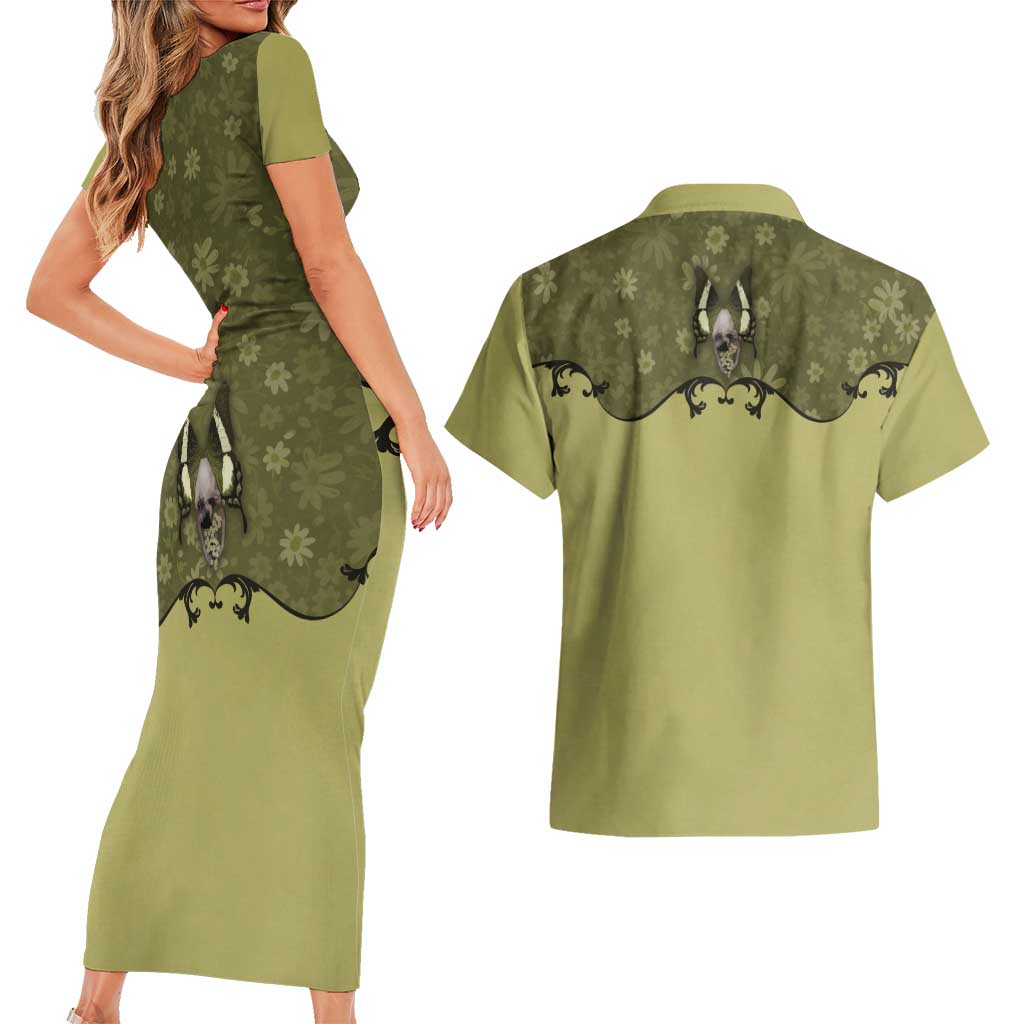 Western Gothic Yoke Couples Matching Short Sleeve Bodycon Dress and Hawaiian Shirt Retro Butterfly With Daisy Garden - Wonder Print Shop