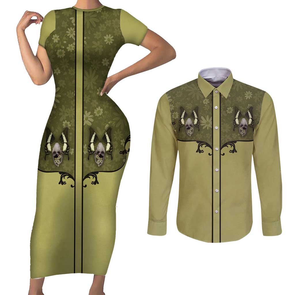 Western Gothic Yoke Couples Matching Short Sleeve Bodycon Dress and Long Sleeve Button Shirt Retro Butterfly With Daisy Garden - Wonder Print Shop