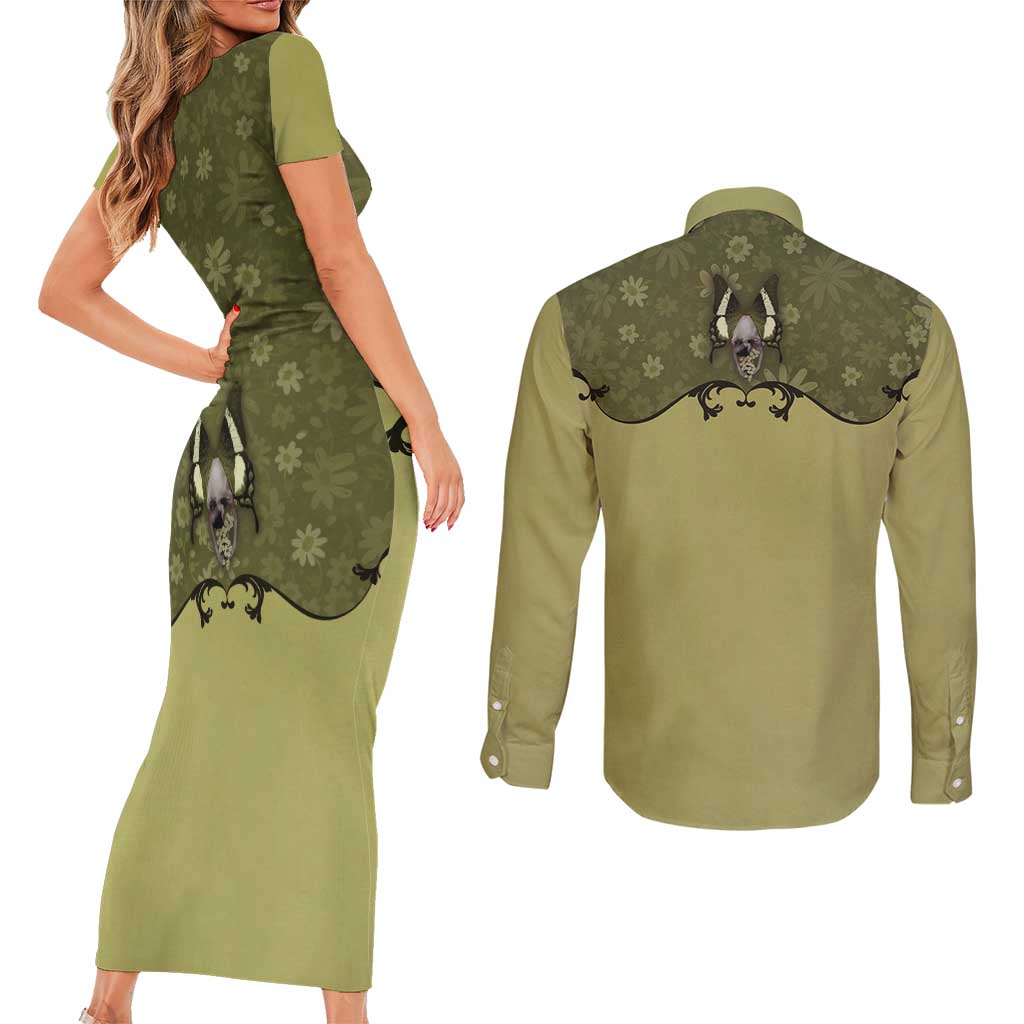 Western Gothic Yoke Couples Matching Short Sleeve Bodycon Dress and Long Sleeve Button Shirt Retro Butterfly With Daisy Garden - Wonder Print Shop
