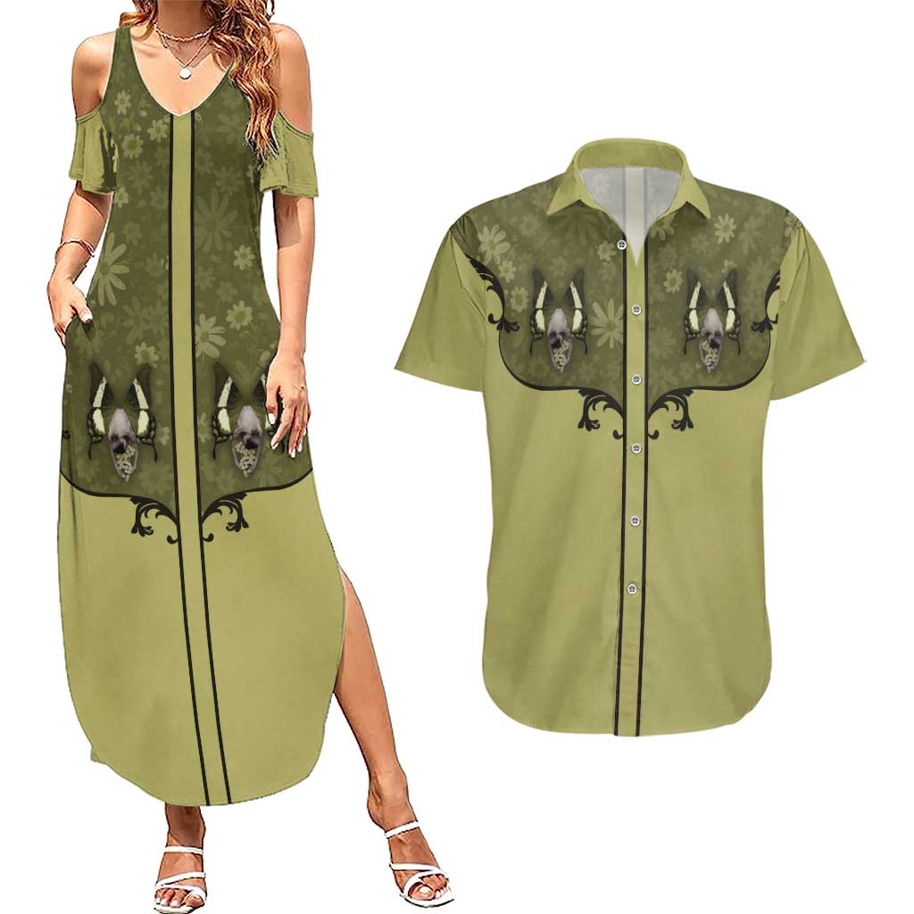 Western Gothic Yoke Couples Matching Summer Maxi Dress and Hawaiian Shirt Retro Butterfly With Daisy Garden - Wonder Print Shop