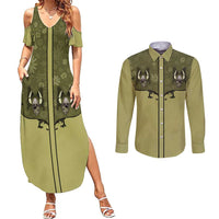 Western Gothic Yoke Couples Matching Summer Maxi Dress and Long Sleeve Button Shirt Retro Butterfly With Daisy Garden - Wonder Print Shop