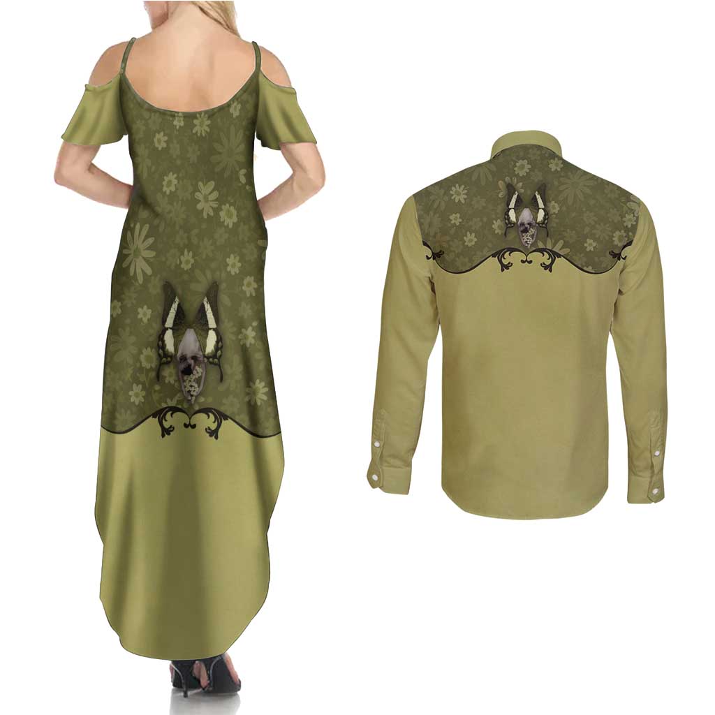 Western Gothic Yoke Couples Matching Summer Maxi Dress and Long Sleeve Button Shirt Retro Butterfly With Daisy Garden - Wonder Print Shop