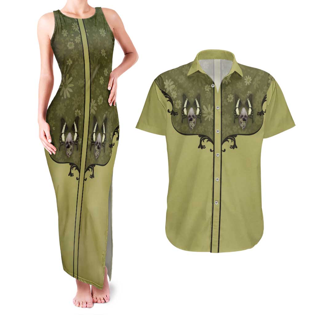 Western Gothic Yoke Couples Matching Tank Maxi Dress and Hawaiian Shirt Retro Butterfly With Daisy Garden - Wonder Print Shop