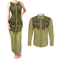 Western Gothic Yoke Couples Matching Tank Maxi Dress and Long Sleeve Button Shirt Retro Butterfly With Daisy Garden - Wonder Print Shop