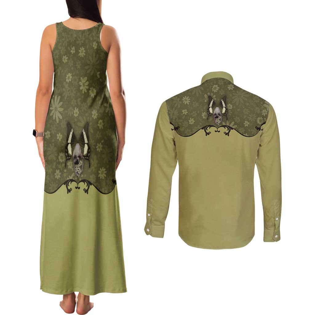 Western Gothic Yoke Couples Matching Tank Maxi Dress and Long Sleeve Button Shirt Retro Butterfly With Daisy Garden - Wonder Print Shop