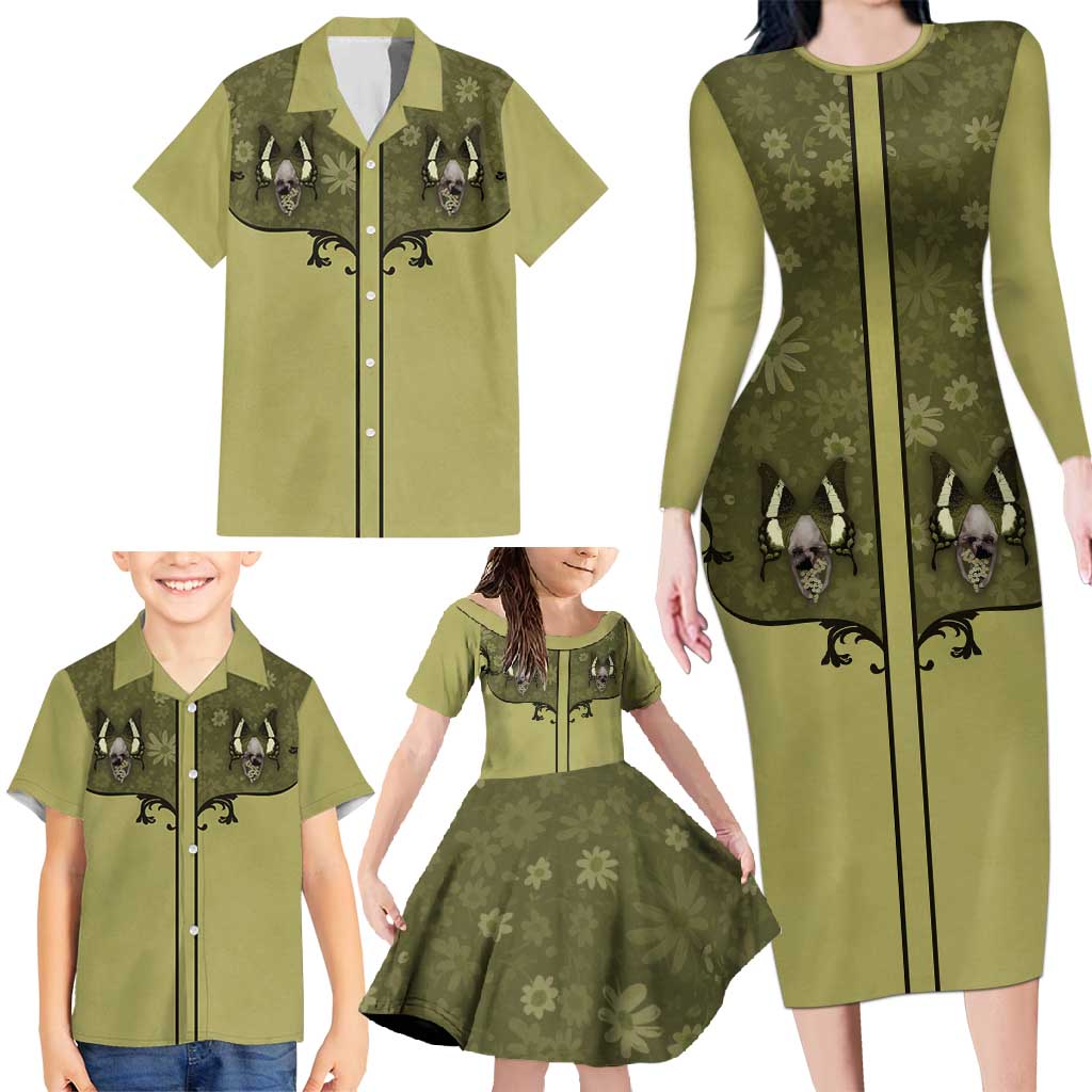 Western Gothic Yoke Family Matching Long Sleeve Bodycon Dress and Hawaiian Shirt Retro Butterfly With Daisy Garden - Wonder Print Shop