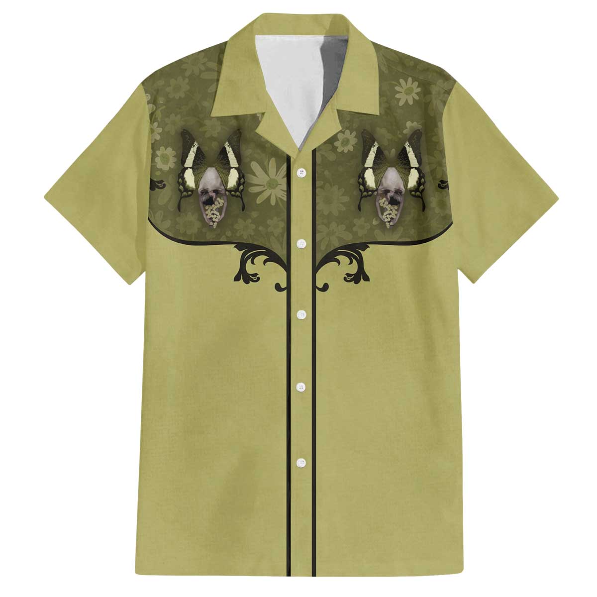 Western Gothic Yoke Family Matching Off The Shoulder Long Sleeve Dress and Hawaiian Shirt Retro Butterfly With Daisy Garden - Wonder Print Shop