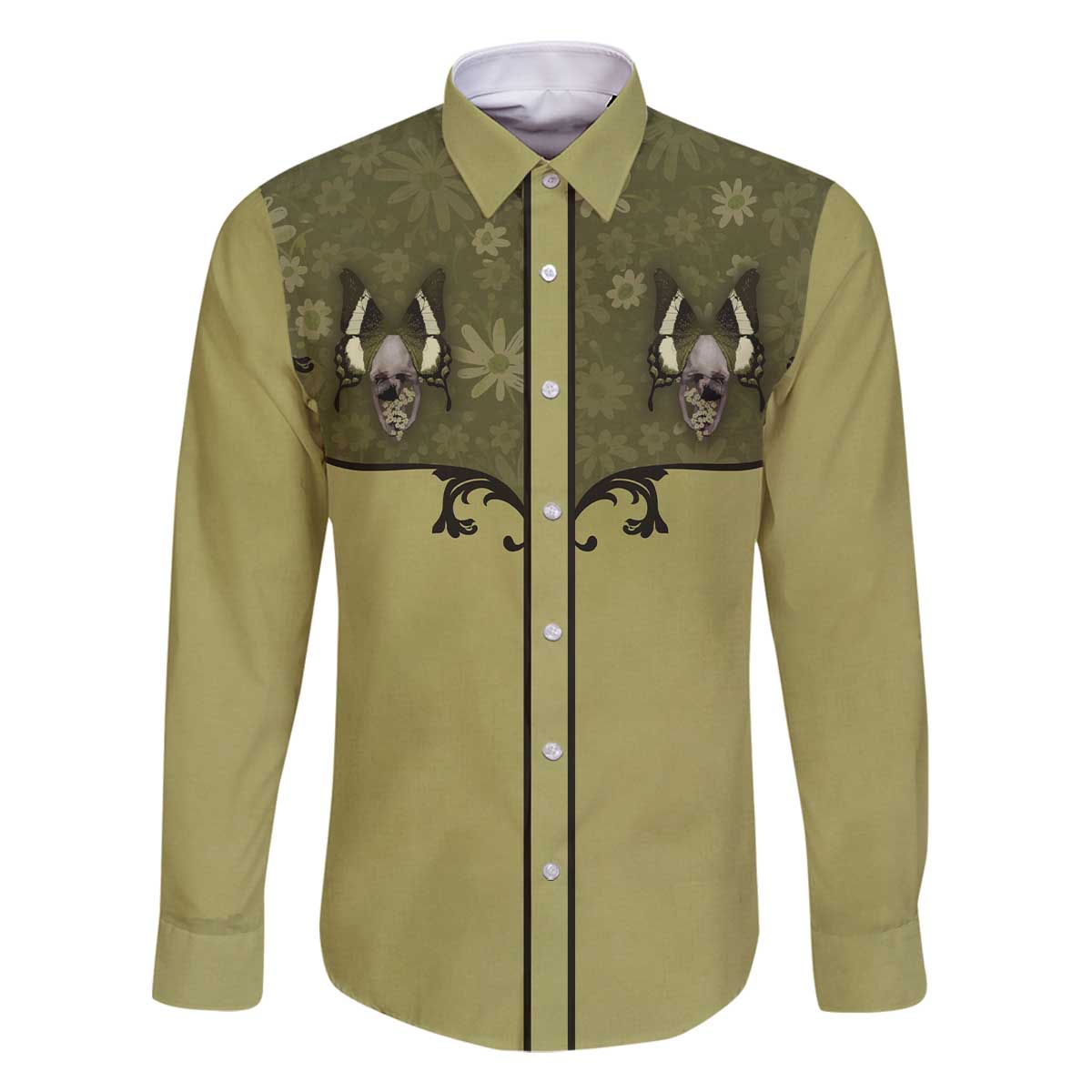 Western Gothic Yoke Family Matching Off The Shoulder Long Sleeve Dress and Hawaiian Shirt Retro Butterfly With Daisy Garden - Wonder Print Shop