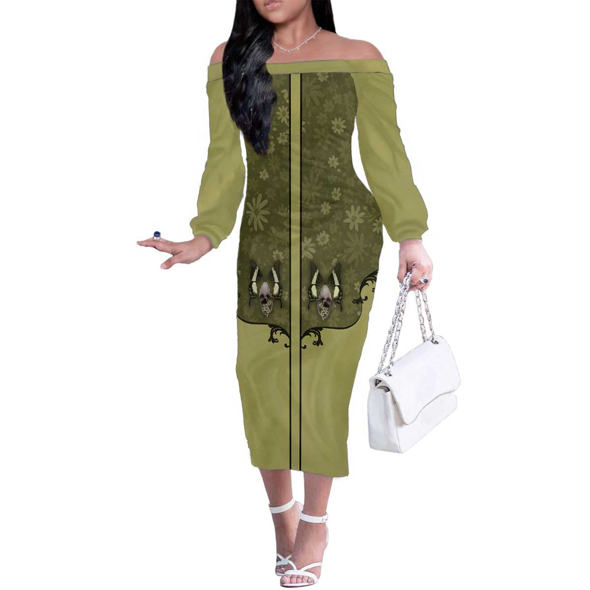 Western Gothic Yoke Family Matching Off The Shoulder Long Sleeve Dress and Hawaiian Shirt Retro Butterfly With Daisy Garden - Wonder Print Shop