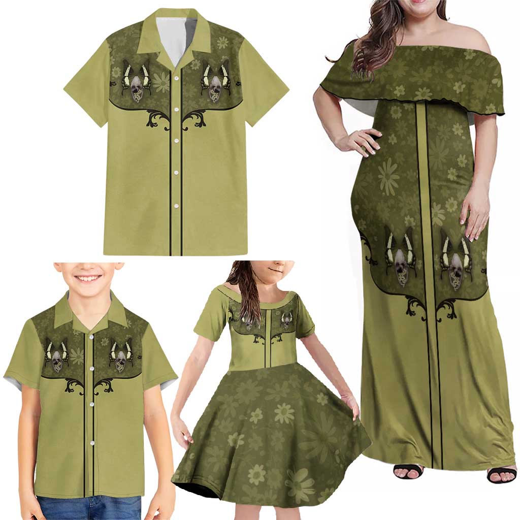 Western Gothic Yoke Family Matching Off Shoulder Maxi Dress and Hawaiian Shirt Retro Butterfly With Daisy Garden - Wonder Print Shop