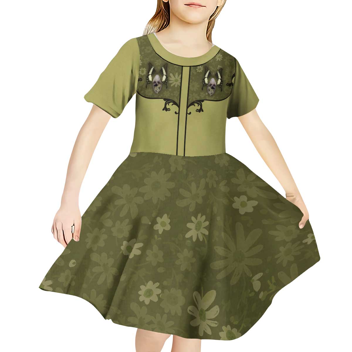 Western Gothic Yoke Kid Short Sleeve Dress Retro Butterfly With Daisy Garden - Wonder Print Shop
